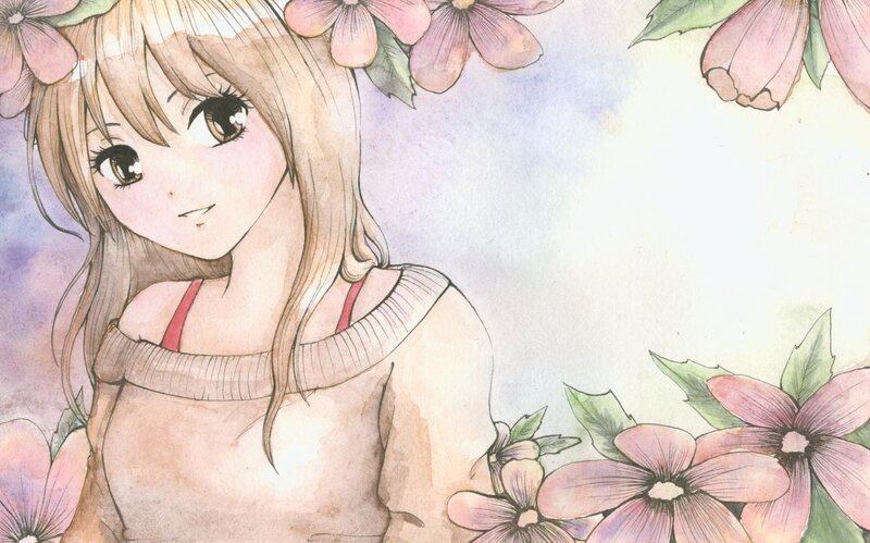 Anime Girl with Flowers — Pink, Serene, Illustration