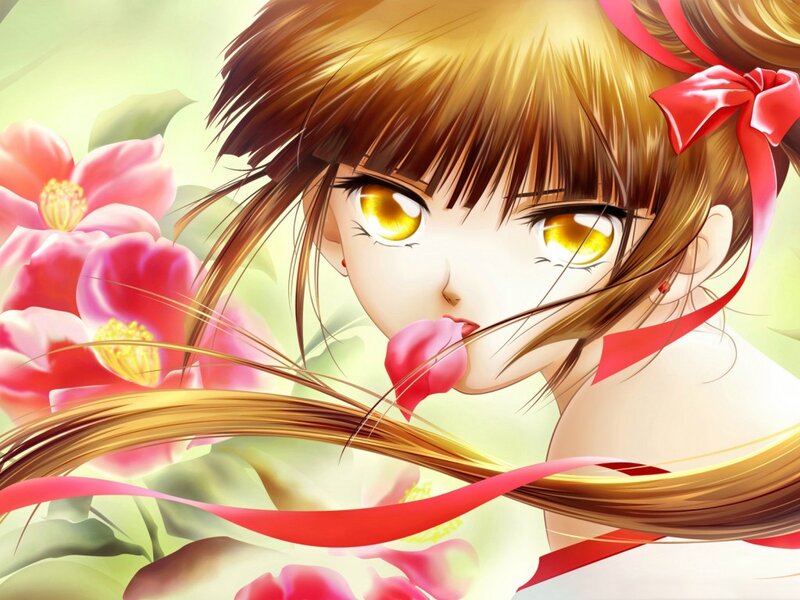 Anime Girl with Flowers — Pink, Serene, Ribbon