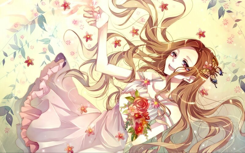Anime Girl with Flowers — Pink, Serene, Spring, Butterfly