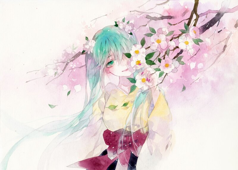 Anime Girl with Flowers — Pink, Serene, Spring, Digital Art, Branches