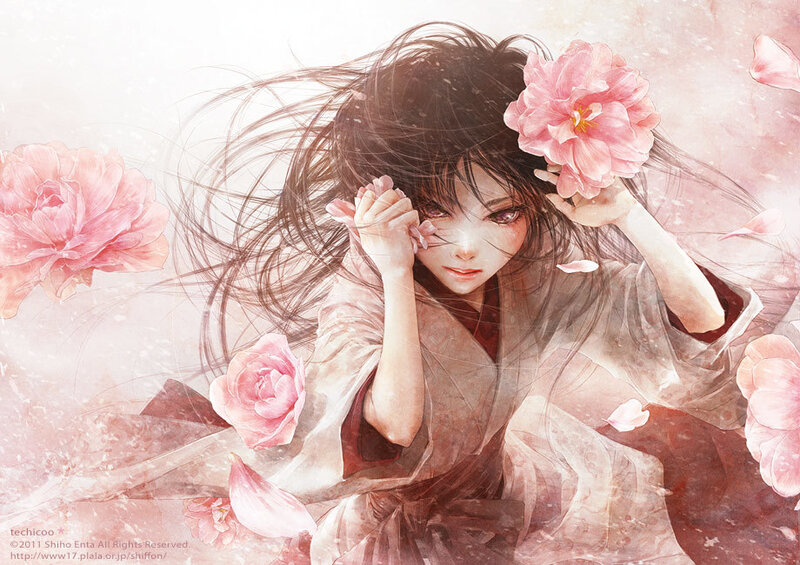Anime Girl with Flowers — Pink, Serene, Spring, Digital Art