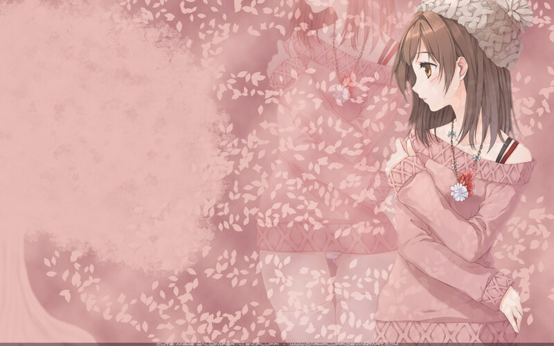 Anime Girl with Flowers — Pink, Serene, Spring, Leaves