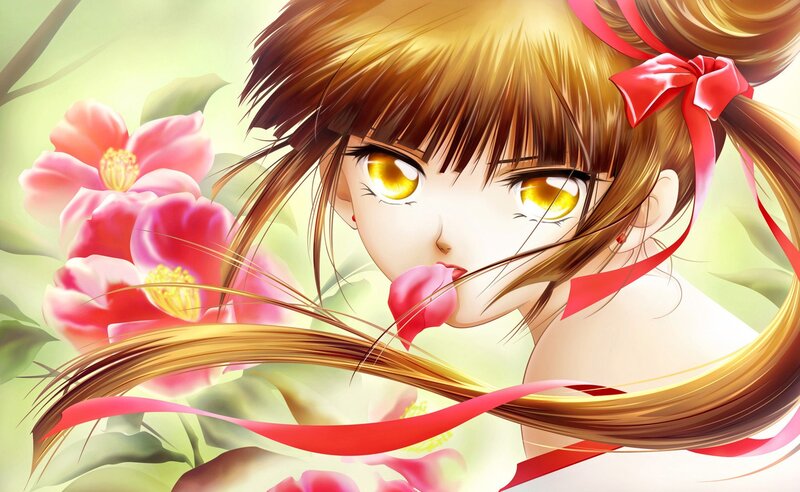 Anime Girl with Flowers — Pink, Serene, Spring, Ribbon