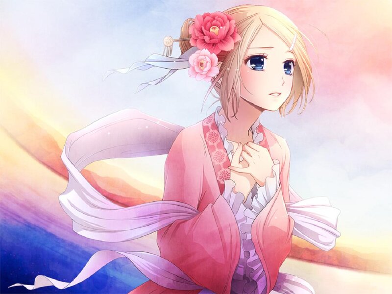Anime Girl with Flowers — Pink, Serene, Sunset, Digital Art