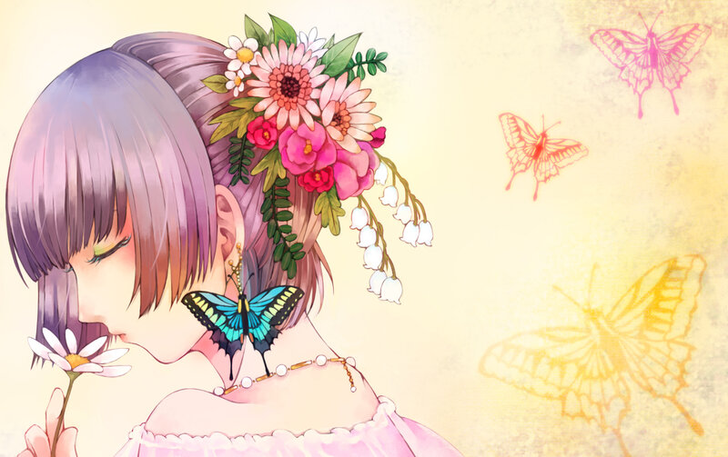 Anime Girl with Flowers — Pink