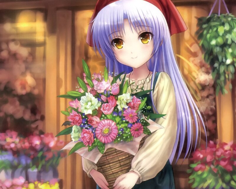 Anime Girl with Flowers — Purple, Calm, Basket