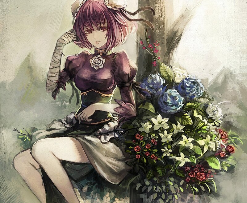 Anime Girl with Flowers — Purple, Calm, Digital Art