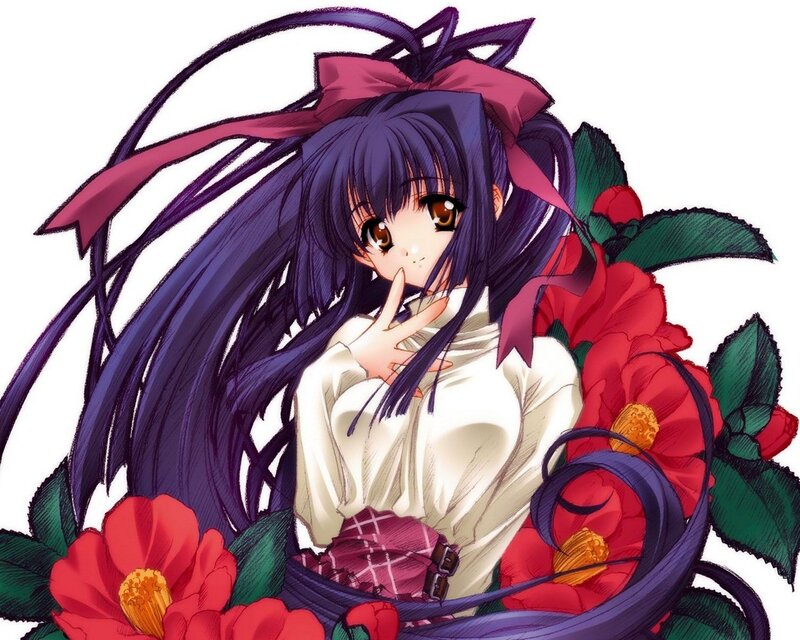 Anime Girl with Flowers — Purple, Calm, Manga, Ribbon