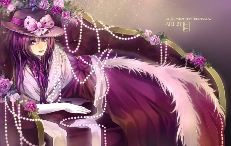 Anime Girl with Flowers — Purple, Dramatic, Digital Art