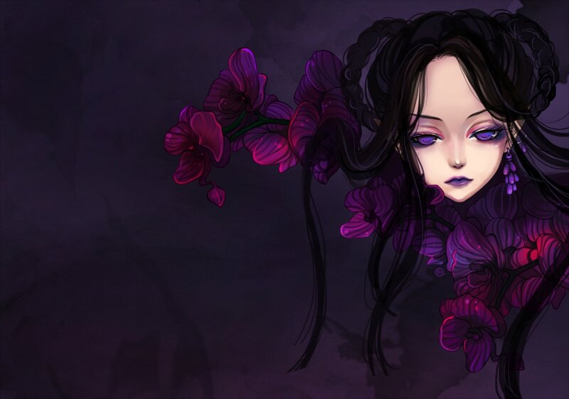 Anime Girl with Flowers — Purple, Dramatic, Night, Digital Art, Braids
