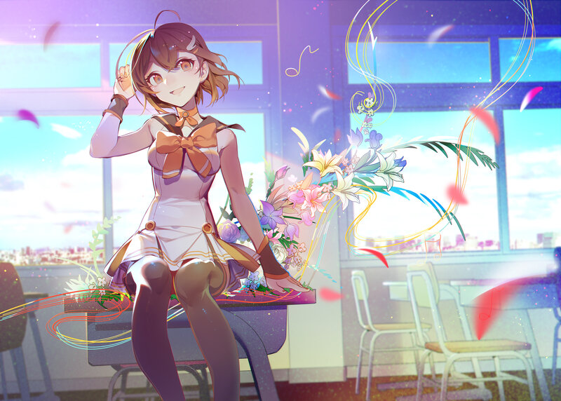 Anime Girl with Flowers — Purple, Dreamy, Afternoon