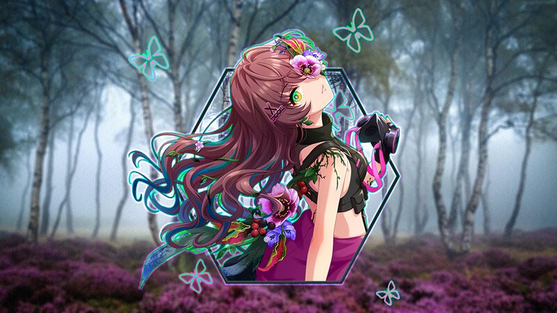 Anime Girl with Flowers — Purple, Dreamy, Digital Art, Butterflies, Forest