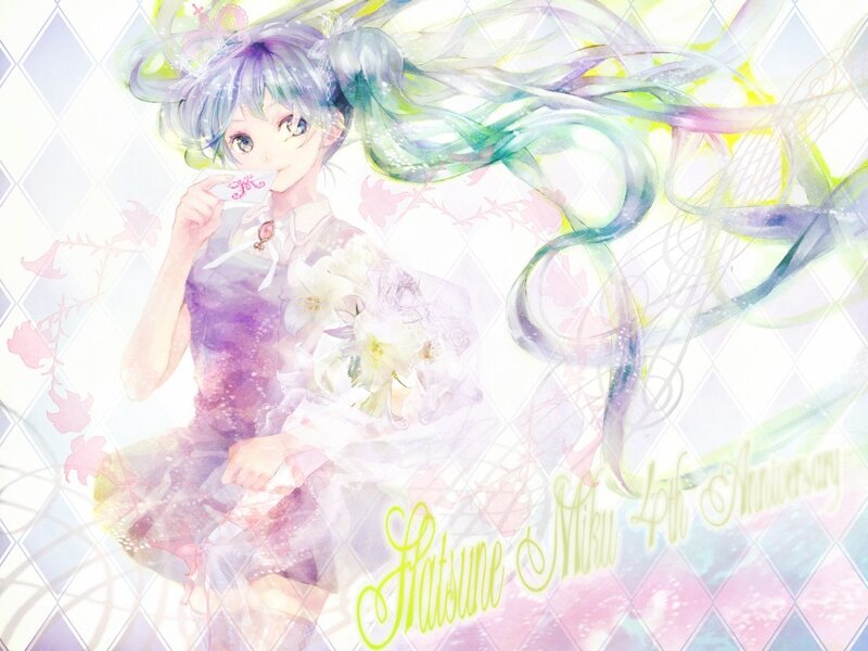 Anime Girl with Flowers — Purple, Dreamy, Digital Art, Dress, Hair Ribbons