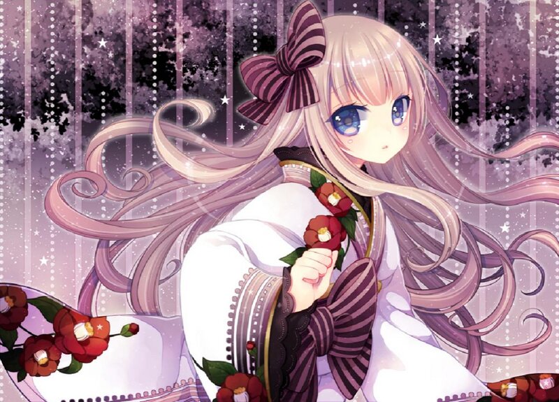 Anime Girl with Flowers — Purple, Dreamy, Night, Bow