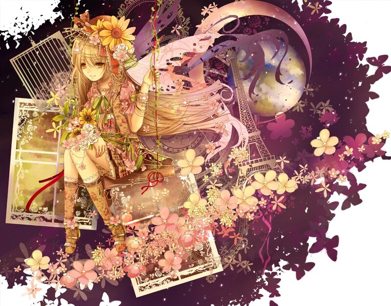 Anime Girl with Flowers — Purple, Dreamy, Night, Digital Art, Eiffel Tower