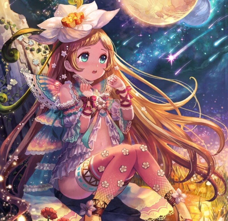 Anime Girl with Flowers — Purple, Dreamy, Night, Digital Art, Stars