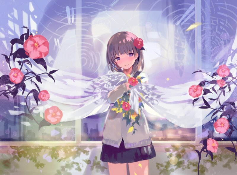 Anime Girl with Flowers — Purple, Serene, Afternoon, Digital Art
