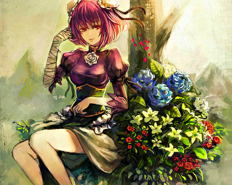 Anime Girl with Flowers — Purple, Serene, Afternoon