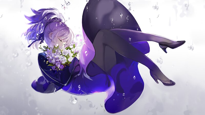 Anime Girl with Flowers — Purple, Serene, Digital Art, Bubbles