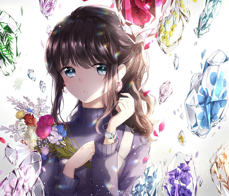 Anime Girl with Flowers — Purple, Serene, Digital Art, Crystals