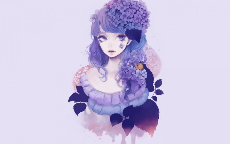 Anime Girl with Flowers — Purple, Serene, Digital Art, Hair, Dress
