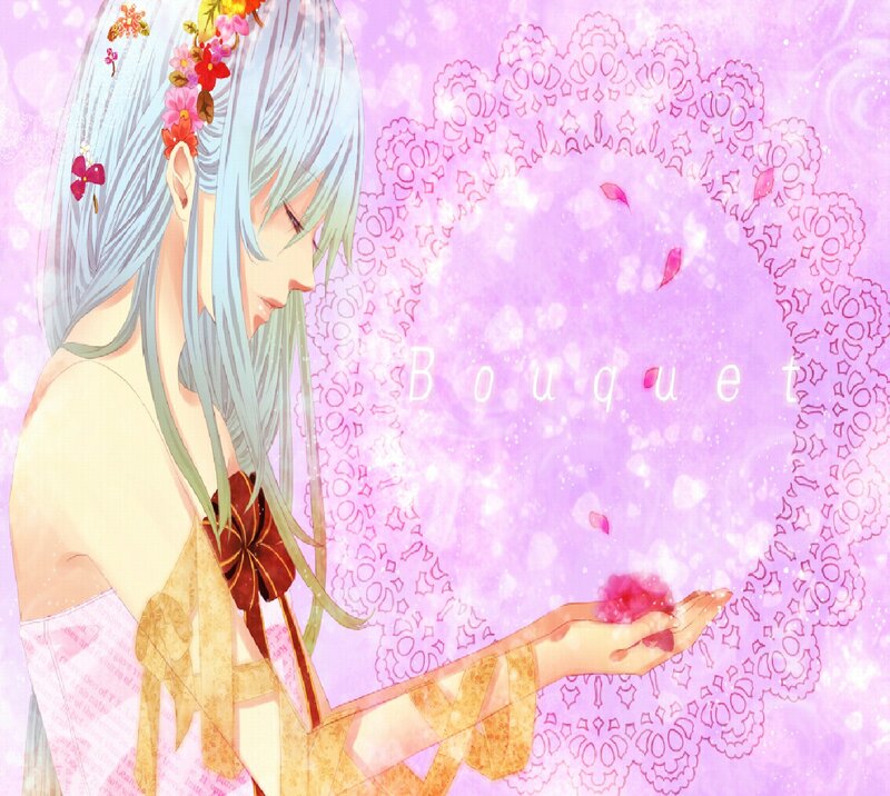 Anime Girl with Flowers — Purple, Serene, Digital Art, Lace Pattern