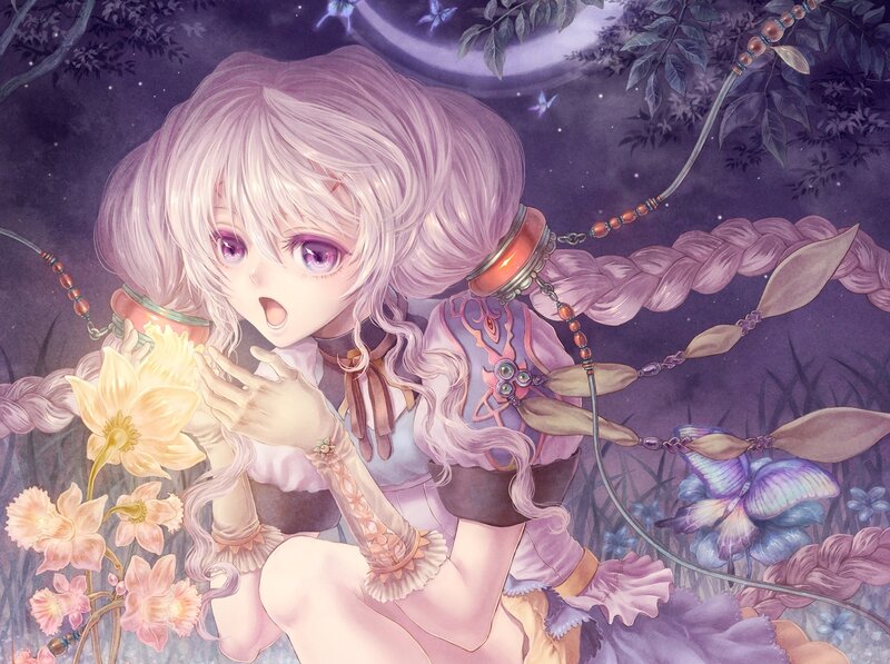 Anime Girl with Flowers — Purple, Serene, Night, Digital Art, Butterflies