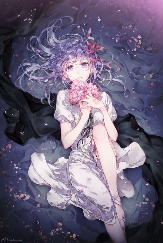 Anime Girl with Flowers — Purple, Serene, Night, Digital Art, Hair Ribbon