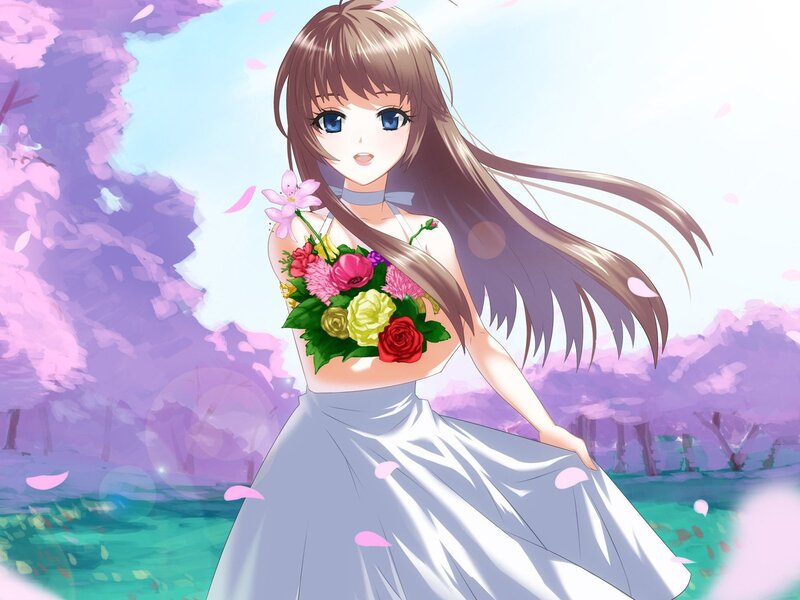 Anime Girl with Flowers — Purple, Serene, Spring, Cherry Blossoms