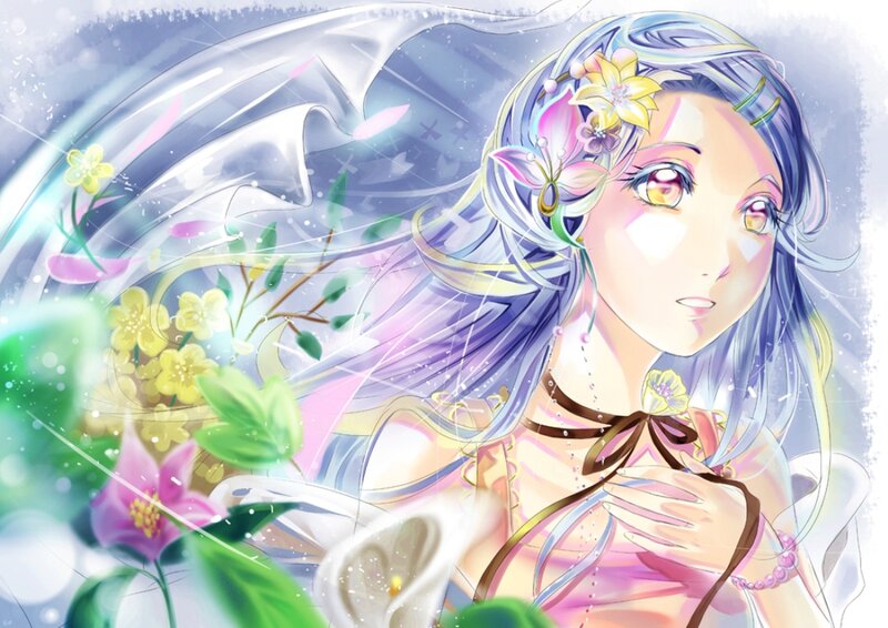 Anime Girl with Flowers — Purple, Serene, Spring, Digital Art