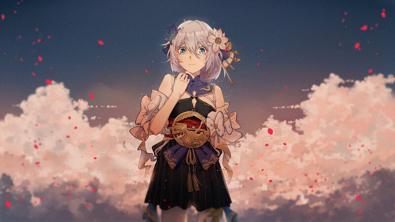 Anime Girl with Flowers — Purple, Serene, Sunset, Digital Art, Clouds