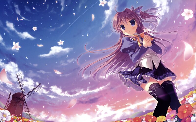 Anime Girl with Flowers — Purple, Serene, Sunset