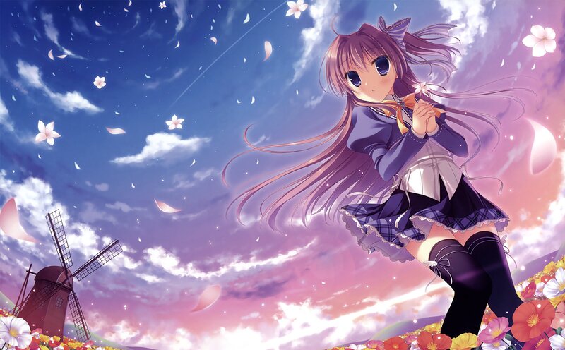 Anime Girl with Flowers — Purple, Serene, Sunset, Windmill