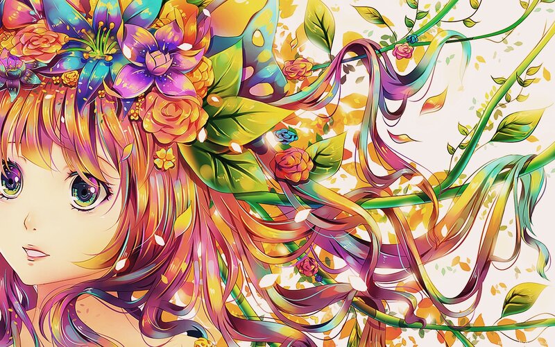 Anime Girl with Flowers — Purple, Vibrant, Digital Art
