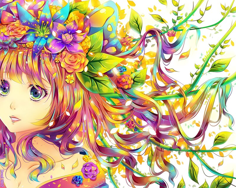 Anime Girl with Flowers — Rainbow