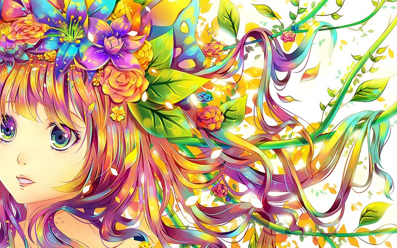 Anime Girl with Flowers — Rainbow, Vibrant