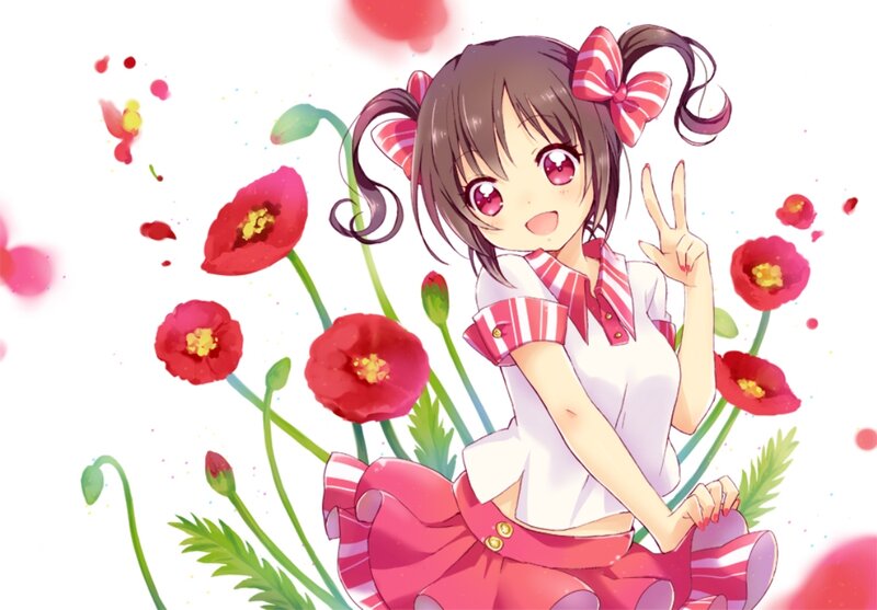 Anime Girl with Flowers — Red, Cheerful