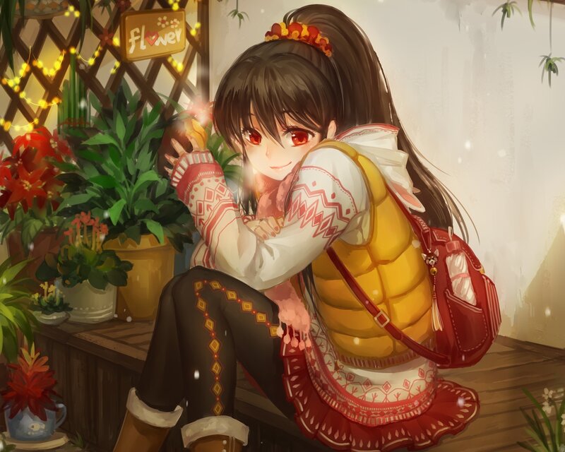 Anime Girl with Flowers — Red, Cozy