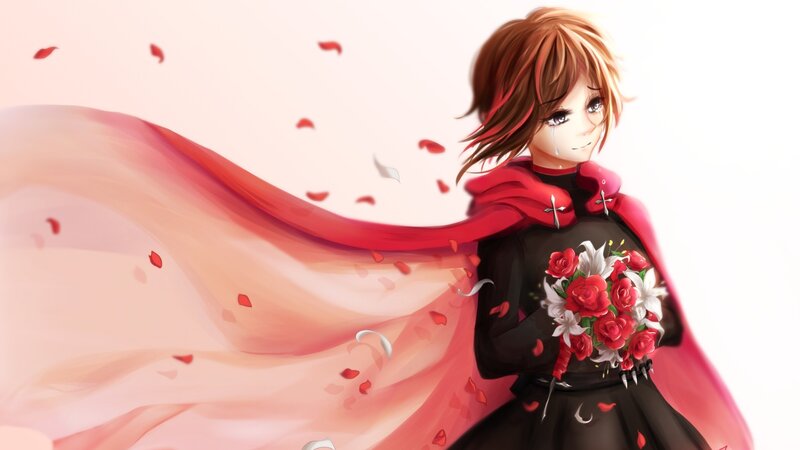 Anime Girl with Flowers — Red, Dramatic, Digital Art, Cape