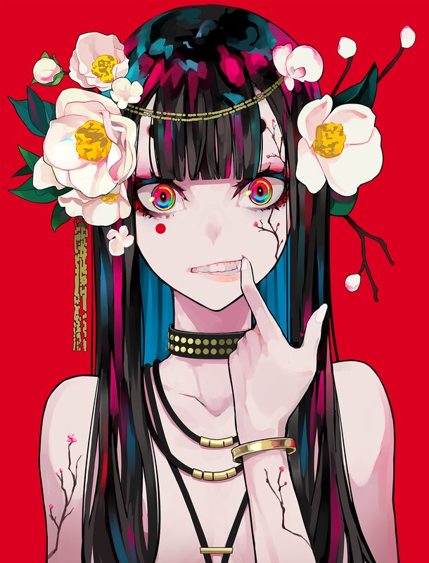 Anime Girl with Flowers — Red, Dramatic, Digital Art, Choker