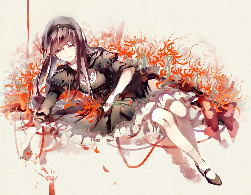 Anime Girl with Flowers — Red, Dramatic, Digital Art