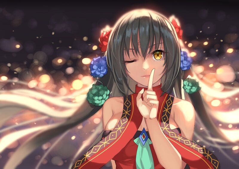 Anime Girl with Flowers — Red, Dramatic, Night
