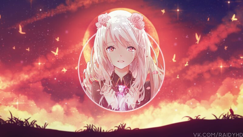 Anime Girl with Flowers — Red, Dramatic, Sunset