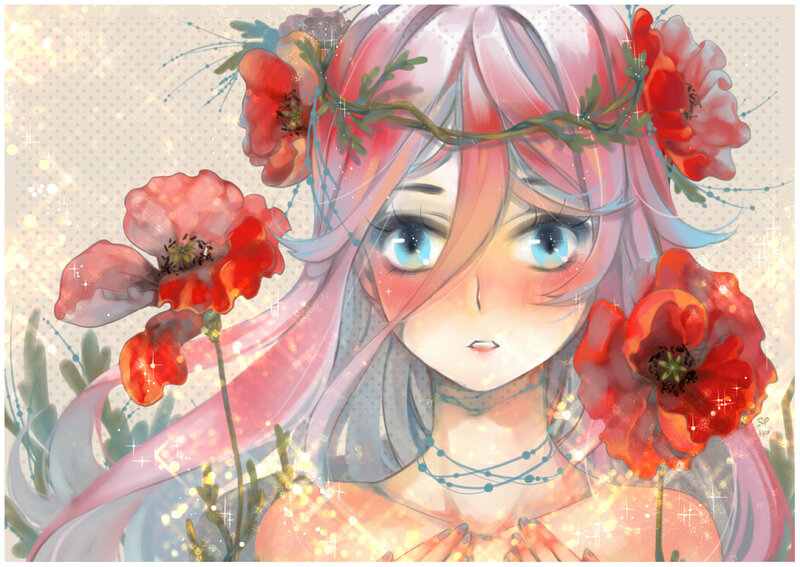 Anime Girl with Flowers — Red, Dreamy, Digital Art, Crown