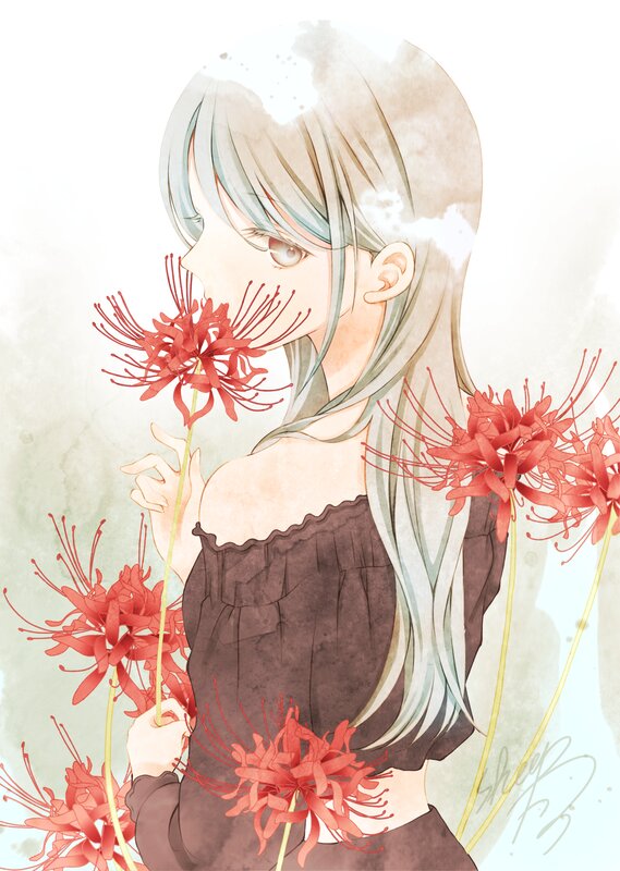 Anime Girl with Flowers — Red, Serene, Digital Art, Long Hair