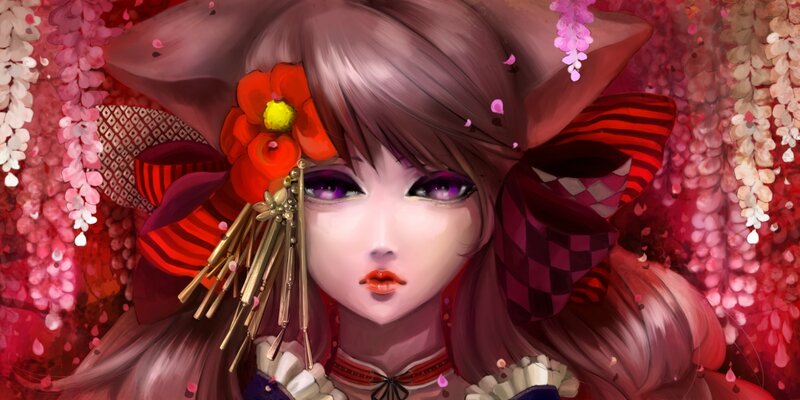 Anime Girl with Flowers — Red, Serene, Spring