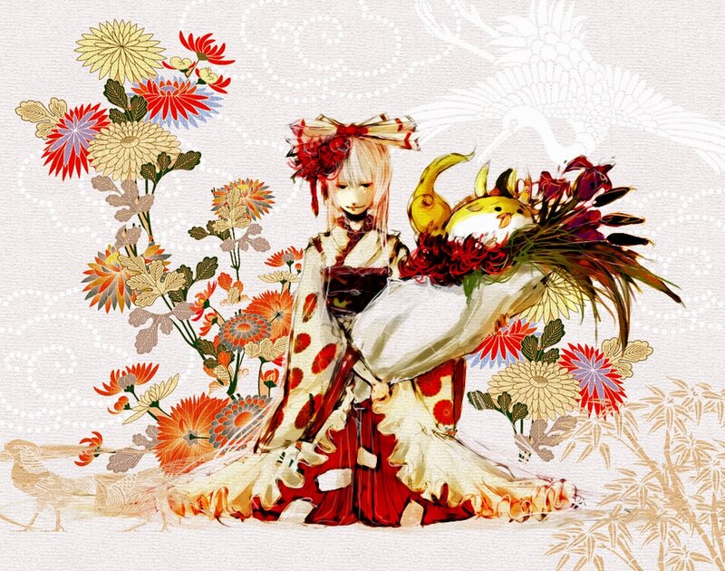 Anime Girl with Flowers — Red, Serene