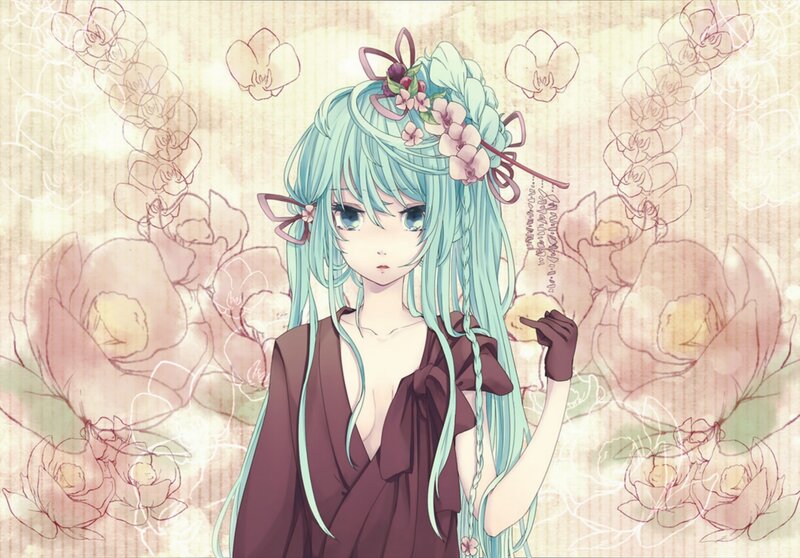 Anime Girl with Flowers — Teal