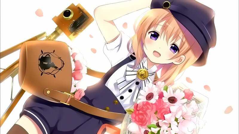Anime Girl with Flowers — White, Cheerful, Spring, Camera