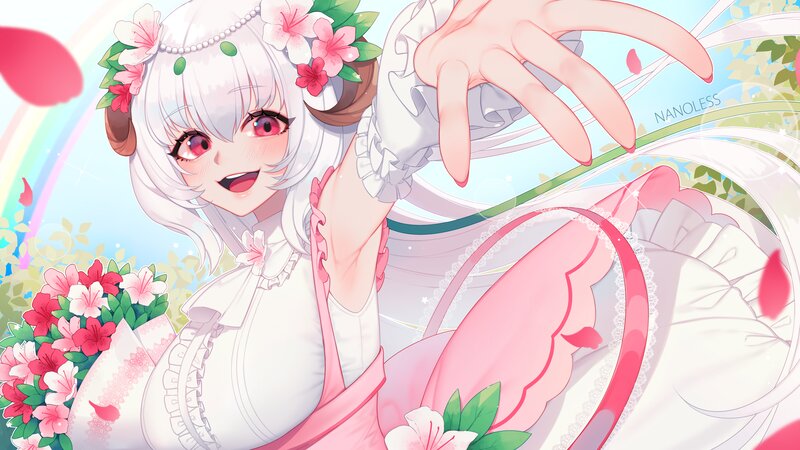 Anime Girl with Flowers — White, Cheerful, Spring, Digital Art, Rainbow